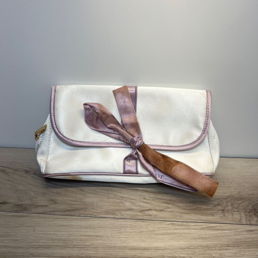 Rare Christian Dior silky 10.5 inches cosmetic bag Travel Makeup White Fold